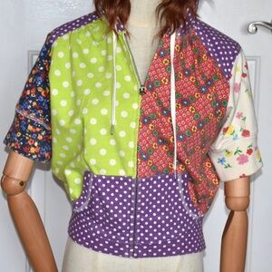 Rare Vintage Y2K Lucky Brand Short Sleeve Cropped Patchwork Boho Hippie Hoodie M